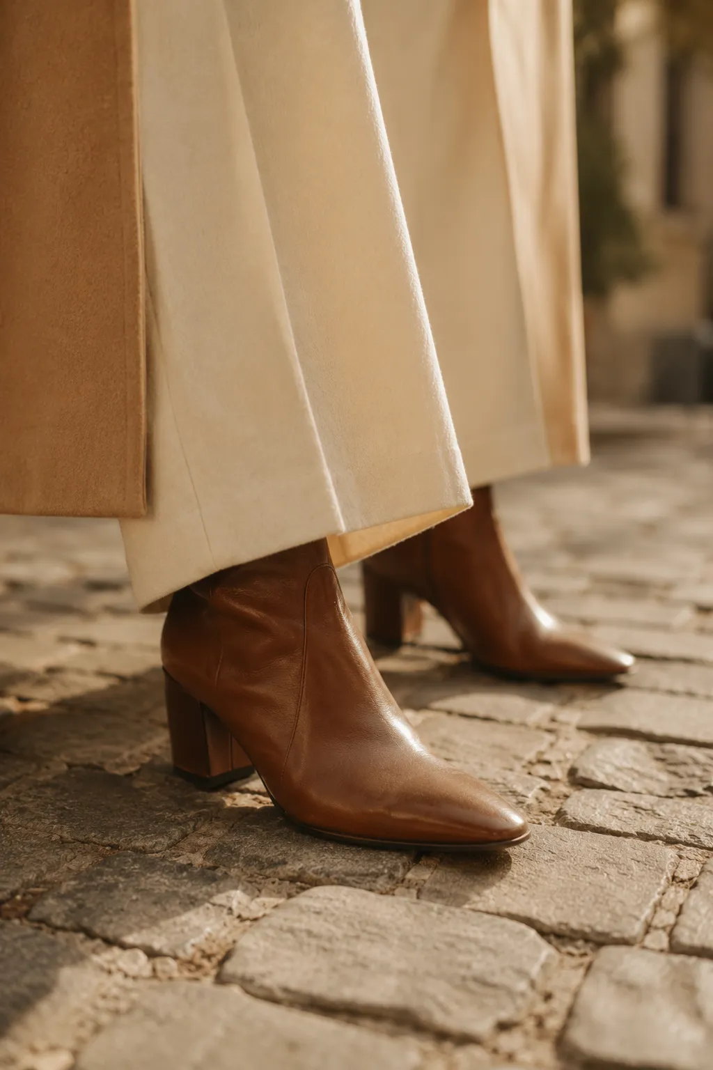 Ankle boots and wide-leg trousers on a cobblestone street