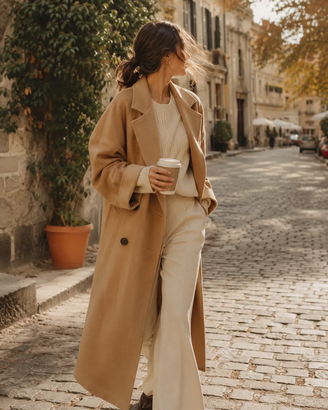 Editorial street-style look — camel trench coat, cream knit and tailored trousers